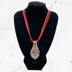 Red Ribbon Necklace w/ Glass Pendant